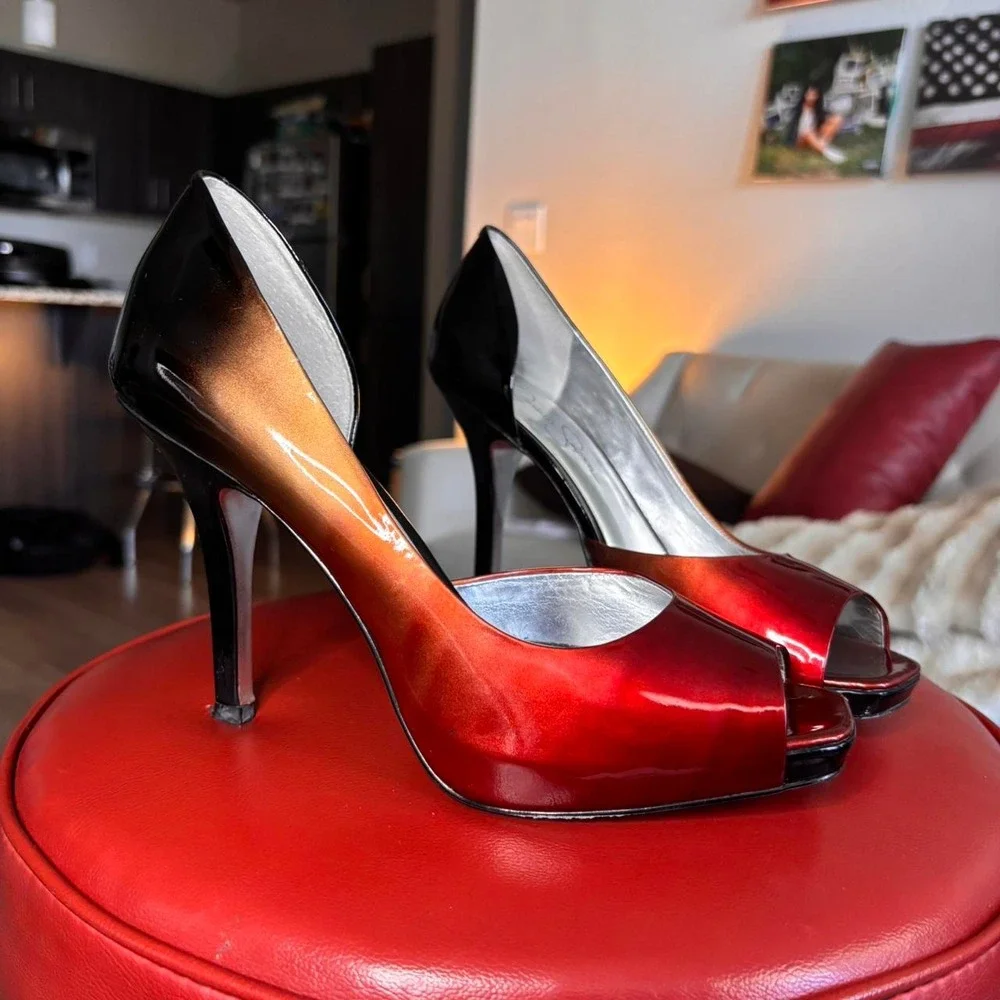 ❤️ Y2K Jessica Simpson Red Ombré Leather Peep Toe Heels ❤️